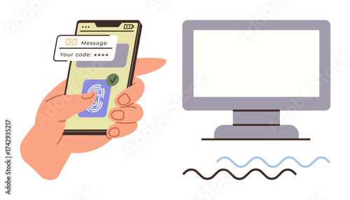 Hand holding smartphone with fingerprint scan and message code, facing desktop monitor. Ideal for security, technology, authentication, online protection, password access, digital login, simple flat