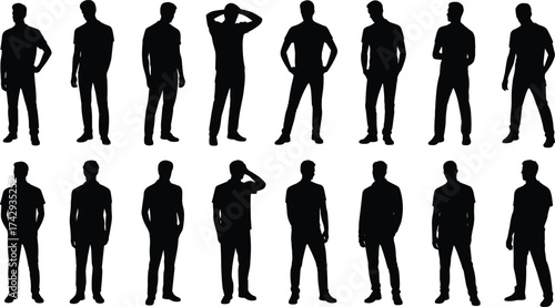 Silhouette men, standing poses, body language, gesture expression, casual stance, posture variation, arms crossed, hands on hips, lifestyle figure, character design, modern illustration