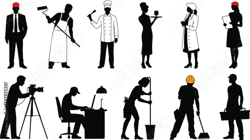 Silhouette people, various professions, business suit, painter with roller, chef cooking, waiter serving wine, doctor with clipboard, cameraman filming, cleaner, construction worker
