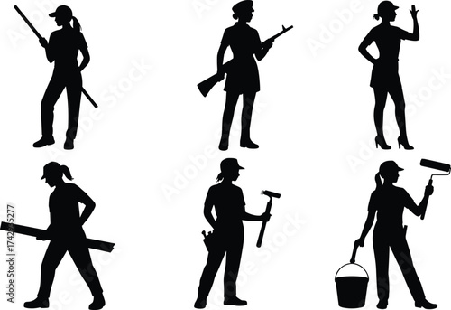 Silhouette people, various professions, soldier with rifle, female hunter, teacher speaker, carpenter worker, construction labor, painter with roller, occupational diversity, teamwork roles, lifestyle