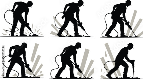 Silhouette construction workers, jackhammer operation, heavy machinery, industrial labor, ground breaking, vibration impact, hard hats, teamwork, occupational roles, building site