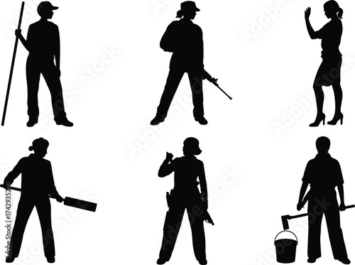 Silhouette people, various professions, soldier with rifle, teacher speaker, janitor cleaner, cricket player, law enforcement, maintenance worker, teamwork roles, occupational diversity, lifestyle