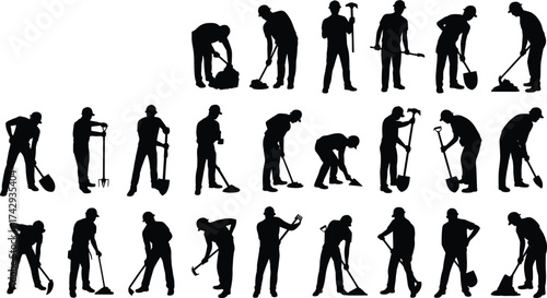 Silhouette manual labor workers, digging shovels, pickaxe tools, raking ground, heavy lifting, teamwork, construction site, gardening tasks, industrial workforce, occupational roles, hard work