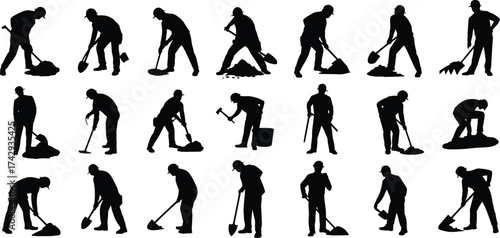 Silhouette construction workers, manual labor, digging shovels, pickaxe tools, raking ground, heavy lifting, teamwork, industrial workforce, occupational roles, building site, construction industry