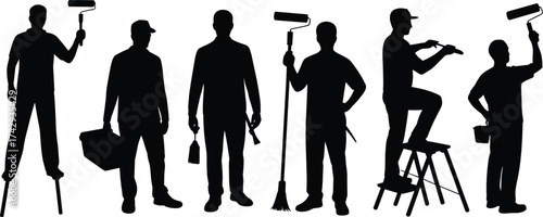 Silhouette workers painting, construction maintenance, ladder repair, roller brush, cleaning tools, industrial labor, handyman service, renovation job, house painting, teamwork, professional