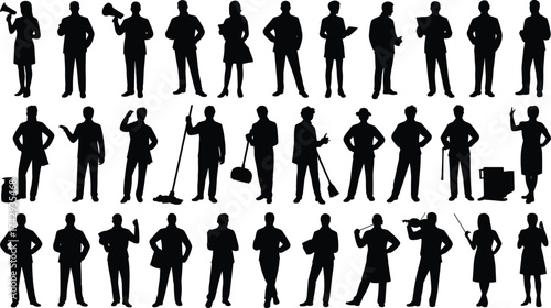 Silhouettes of business people and workers in different professional poses, vector illustration symbolizing teamwork, communication, leadership, and corporate collaboration