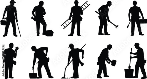 Silhouettes of construction and maintenance workers using various tools, carrying equipment, and climbing ladders, vector illustration representing teamwork and manual labor