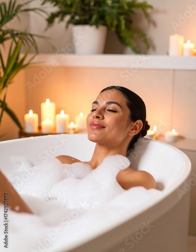 Woman relaxing in a warm bath