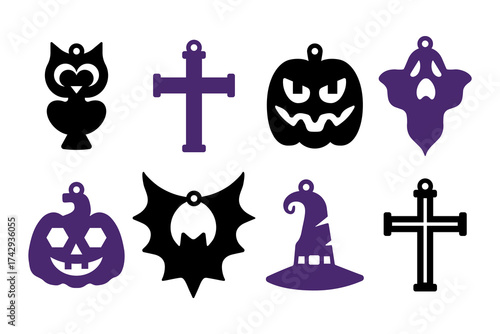 Set of 8 Halloween designs of earrings, pendant or keychain with owl, cross, pumpkins, ghost, bat and witch hat. Jewelry cutting template. Laser cutting with leather, wood or metal. Vector silhouette