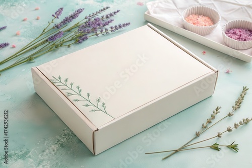 Elegant packaging box surrounded by lavender flowers and colorful bath salts on a serene background