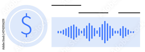 Dollar coin and soundwave representing connection between audio technology and digital payments. Ideal for fintech, payment systems, audio analytics, security, innovation, modern finance, simple flat