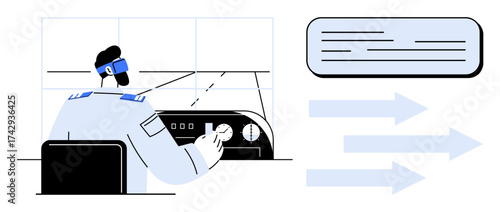 Aircraft pilot adjusting cockpit instruments to manage navigation, communication, and flight control. Ideal for aviation technology, teamwork, leadership, transportation, innovation, training simple