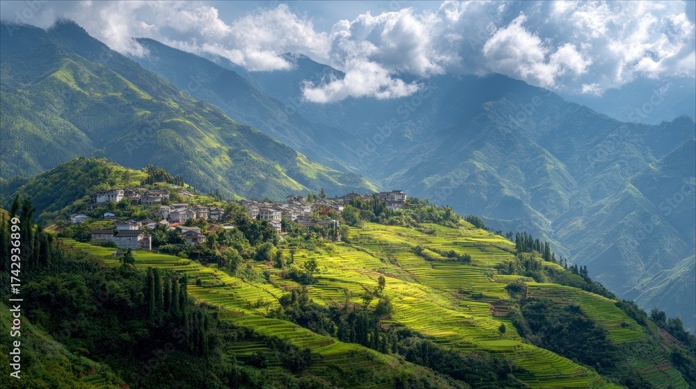 Naklejka premium Mountain village landscape