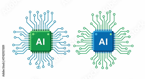 Two square AI chips with connected circuits one green and blue one blue and green on a white background