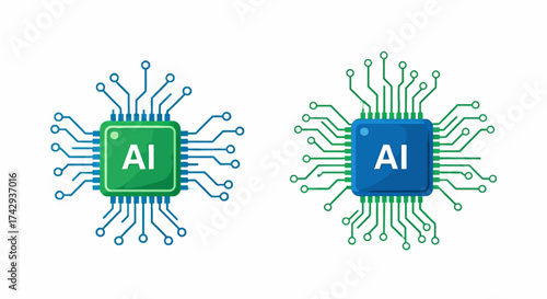 Two square AI chips with connected circuits one green and blue one blue and green on a white background