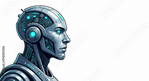 Robot head profile with circuit board design white face dark head glowing green circuits