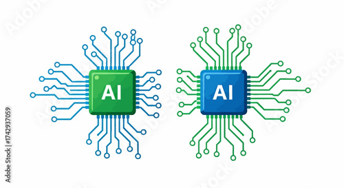 Two square AI chips with connected circuits one green and blue one blue and green on a white background