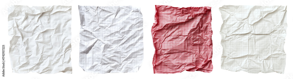 Obraz premium Crumpled Paper Textures in White and Red for Creative Backgrounds, PNG bundle collection, Isolated on Transparent Background