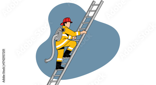 A brave firefighter in protective yellow gear and red helmet diligently ascends a tall ladder, carrying a hose to combat emergencies with courage and skill.
