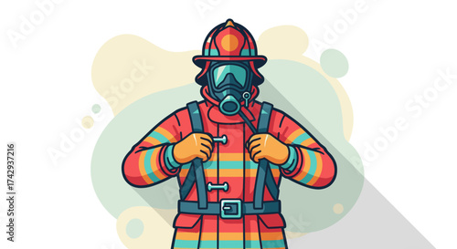 A courageous first responder, equipped with helmet and gas mask, represents the vital role of safety and assistance in a clean graphic style.