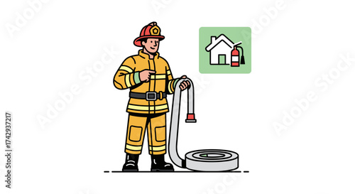 A dedicated firefighter stands prepared with a fire hose, symbolizing essential emergency services and proactive fire safety for homes and communities.