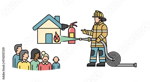 A brave firefighter extinguishes a house fire with a hose while a concerned family watches the emergency unfold, illustrating community safety.