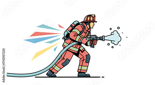 A brave firefighter in protective gear extinguishes a blaze with a powerful water stream from a hose, depicted in a modern vector illustration.