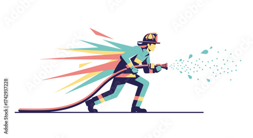 A dynamic vector illustration depicts a brave firefighter in full gear, rapidly spraying water to extinguish a crisis with heroic urgency.