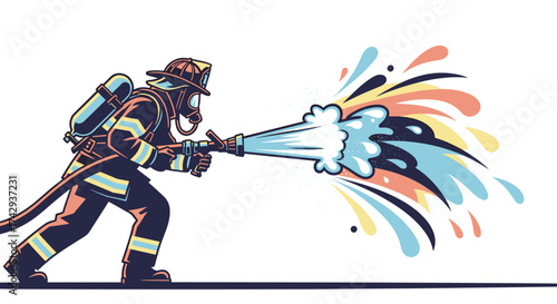 A modern vector illustration depicts a brave firefighter in full protective gear, expertly directing a dynamic, vibrant spray of colorful liquid, symbolizing emergency and creativity.