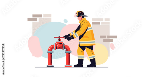 A brave firefighter in protective gear is diligently operating a large red valve, ensuring safety and emergency preparedness with a modern flat illustration style.
