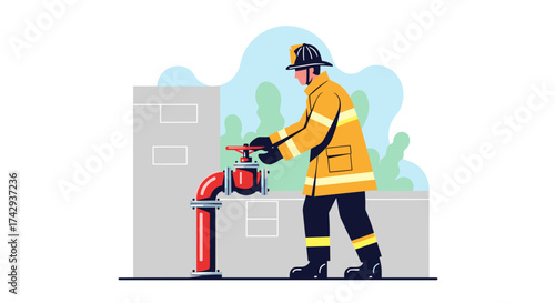 A brave firefighter in protective gear diligently operates a red fire hydrant, ensuring public safety and emergency preparedness with dedicated service.