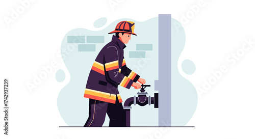 A dedicated firefighter in full protective gear diligently operates a crucial water valve during an emergency response.