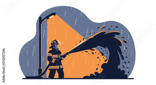 A brave firefighter in full protective gear expertly sprays a powerful stream of water during a rainy night under the illumination of a street lamp.