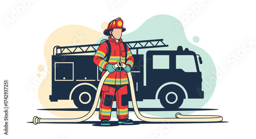 A brave emergency responder in protective uniform stands ready with a hose, prepared to combat blazes alongside a large fire engine.