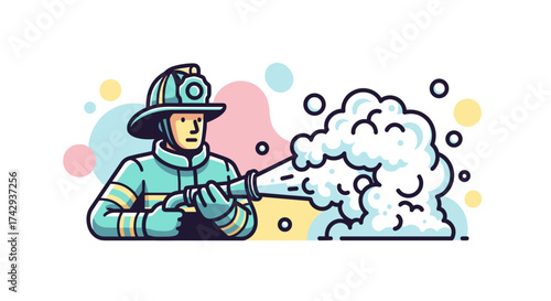 A brave firefighter in protective gear extinguishes a blaze with a powerful hose, depicted in a modern flat vector illustration style.