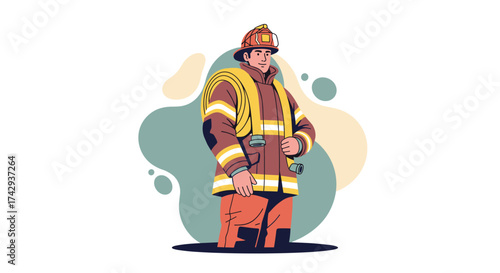 A dedicated male firefighter in protective gear, including a helmet and hose, stands prepared for emergency response against a contemporary illustrated backdrop.