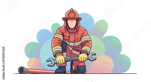 A determined firefighter in full protective gear kneels, holding a large wrench and hose nozzle, symbolizing readiness for essential service.