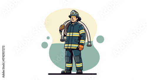 A brave male firefighter stands confidently in his protective uniform, carrying a coiled fire hose, ready to respond to emergencies and protect the community.