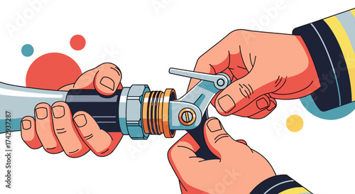 A firefighter's hands expertly connect a crucial fire hose coupling, ensuring readiness for emergency response and public safety operations.