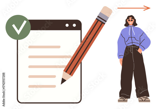 Checklist with green approval mark, giant pencil, and smiling trendy person in casual outfit Ideal for goal setting, planning, task completion, organization, achievement, lifestyle, motivation simple
