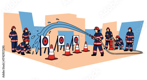 Firefighters in full protective gear engage in a rigorous training exercise, practicing their hose skills by aiming water at multiple targets in an urban setting.