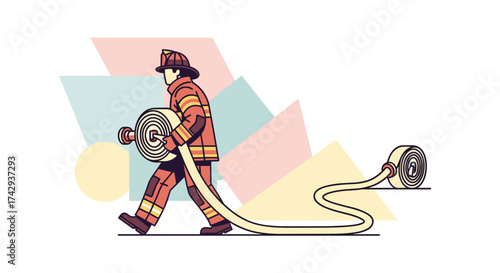 A dedicated firefighter in full protective gear diligently carries a rolled fire hose, ready to respond to emergencies with courage and essential equipment.