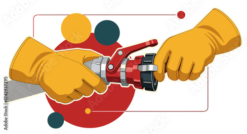 Two gloved hands expertly connect a crucial fire hose nozzle, symbolizing emergency preparedness, safety measures, and teamwork in critical situations.