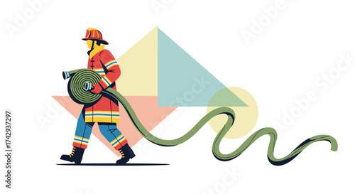 A brave firefighter, dressed in full protective gear, diligently walks while unrolling a long green hose, ready to respond to an emergency.