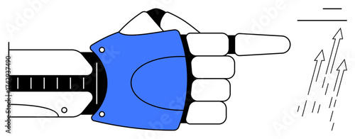 Robotic hand in a pointing gesture, indicating forward motion and rising arrows suggesting progress. Ideal for technology, innovation, growth, future, automation, robotics success themes. Simple