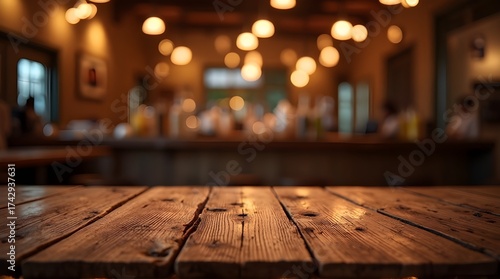 Rustic wooden table awaits your product display in this warm, inviting restaurant interior with soft lighting, perfect for food and beverage promotions
