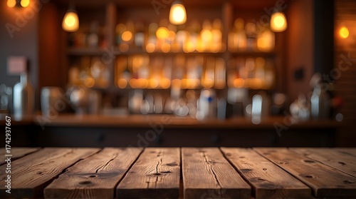 Rustic wooden table ready for your product display in a warm, inviting bar setting with blurred background and soft glowing lights for cozy atmosphere