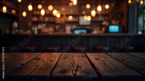 Warm rustic wooden table at cozy bar ready for drinks and good times, perfect for food and beverage menus or social gatherings