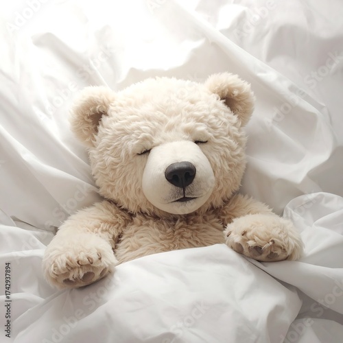 Teddy bear sleeping in sheets