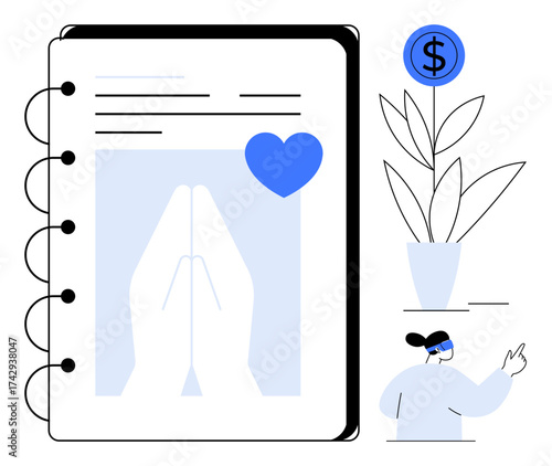 Notebook with hands in prayer and heart, potted plant symbolizing financial growth, person pointing and guiding. Ideal for faith, goal setting, financial wellness, mindfulness, philanthropy, growth